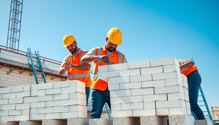 Construction workers assembling RENCO bricks with ladder in sunlight.