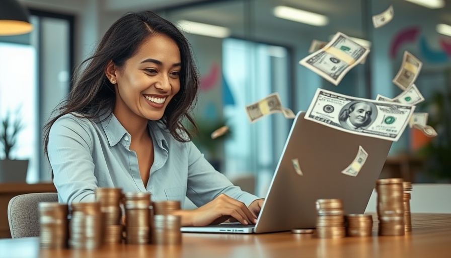 Marketing Funnel AI concept with woman, laptop, and currency.