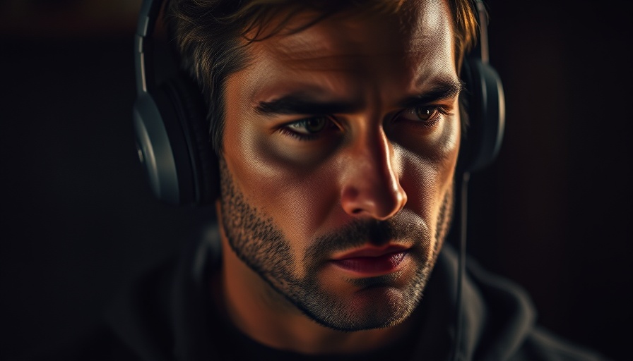 Man with headphones showing self-belief, moody portrait.