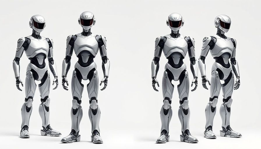 Humanoid robots in fashion, futuristic design on white background.