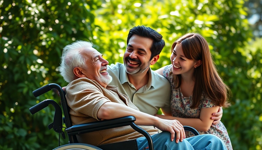 Candid family moment with smiling father in wheelchair, AI Restored Voices.