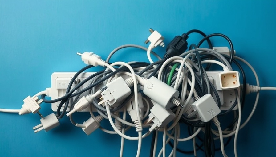 Tangled power cords in a power strip against a blue background.