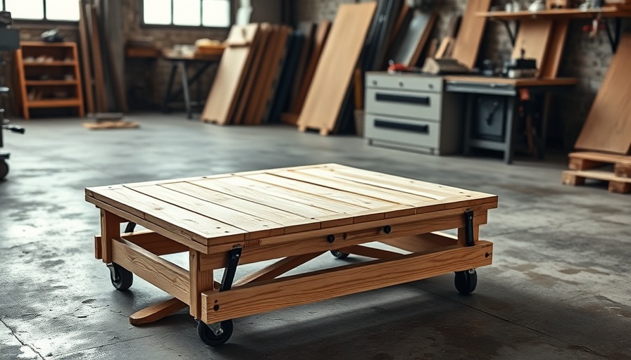 Wooden folding mobile workbench on workshop floor.