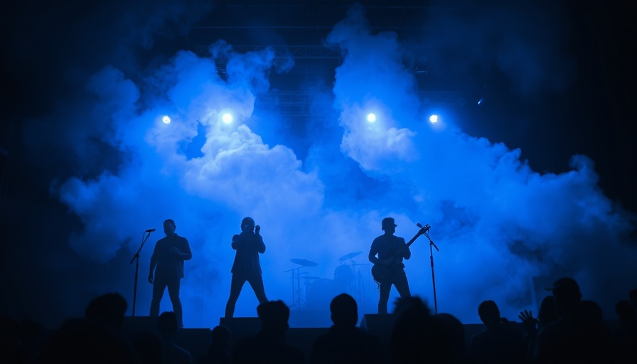 Band performing on stage with swirling blue fog, creating atmospheric scene.