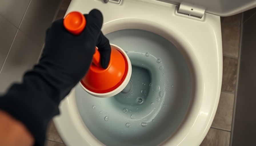 Using a plunger to unclog a toilet in a bathroom.