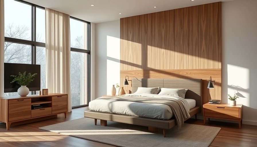 Contemporary bedroom with a plywood floating headboard.