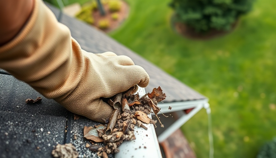 Cleaning gutters method with gloved hand removing debris.