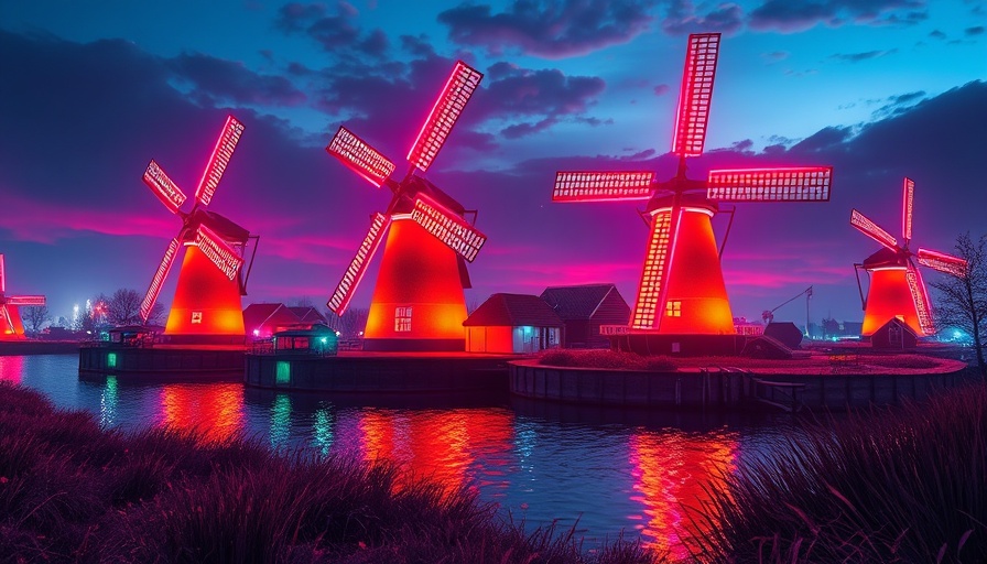 Vibrant windmills in the Netherlands with surreal lighting at sunset.