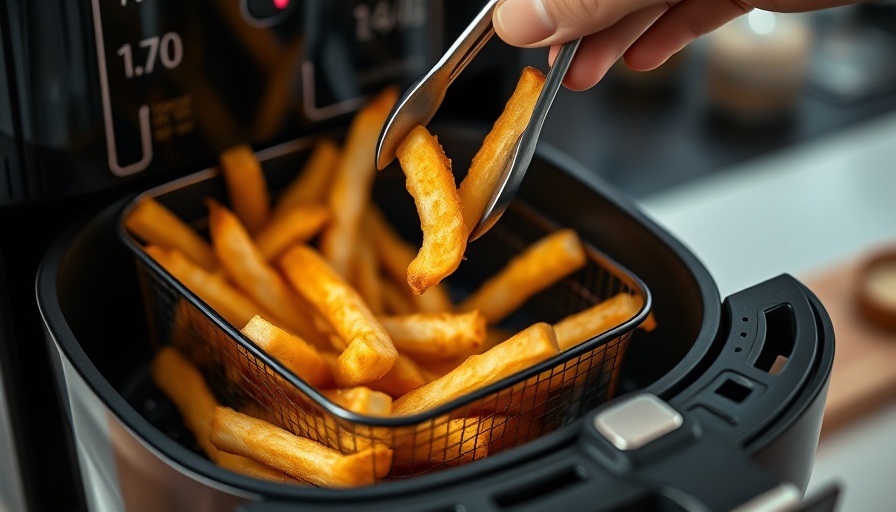 Close-up view of fries in an air fryer with tongs in use.