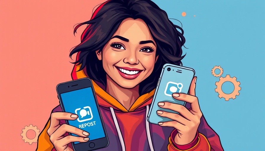 Illustration of how to repost on Instagram, smiling woman with phone