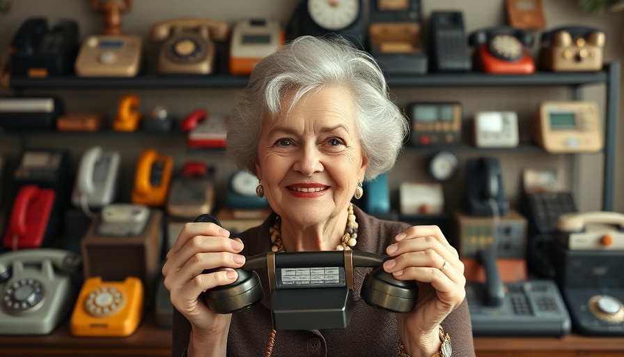 Elderly woman with vintage dumbphones in Europe's mobile industry backdrop.