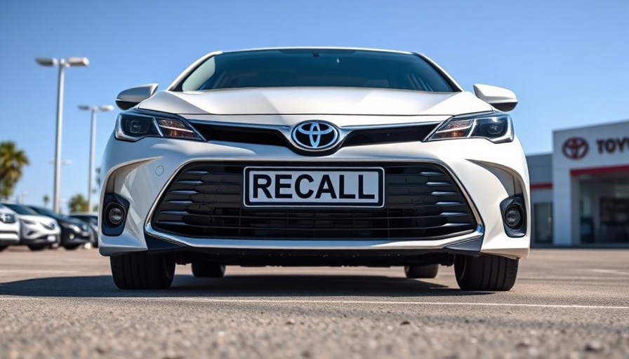 Toyota car in front of dealership with recall sign; Toyota Lexus seat belt recall.