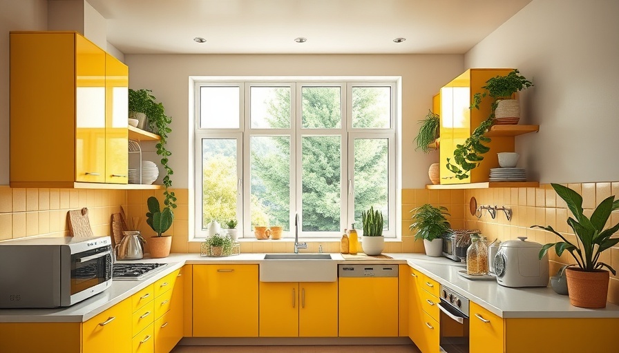 Modern kitchen with yellow cabinets and appliances in natural light