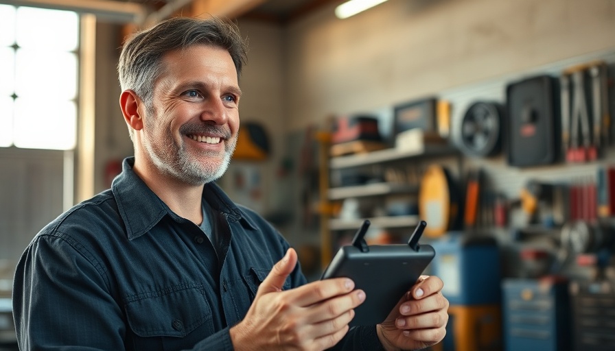 Smiling technician inspecting a garage door opener issue, tools in background.