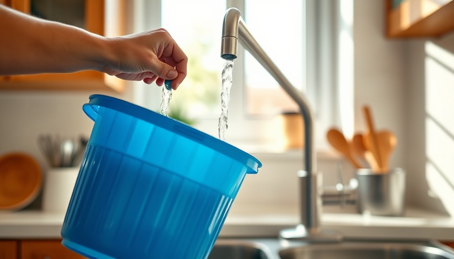 Person filling blue bucket with water in kitchen, illustrating hot water use.