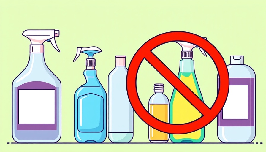 Illustration of cleaning products you should never mix, with a red prohibition sign.