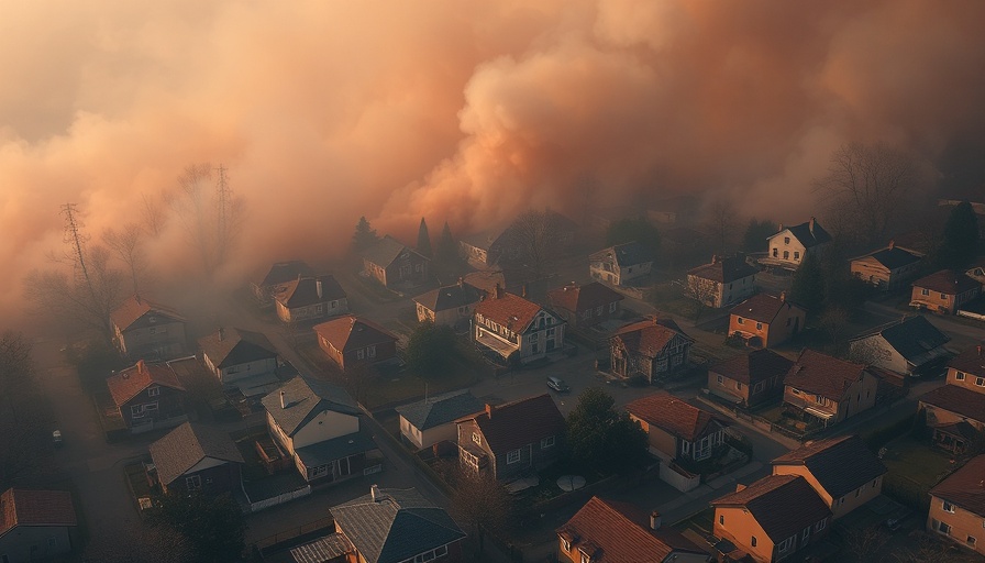 Aerial view of town covered in wildfire smoke.