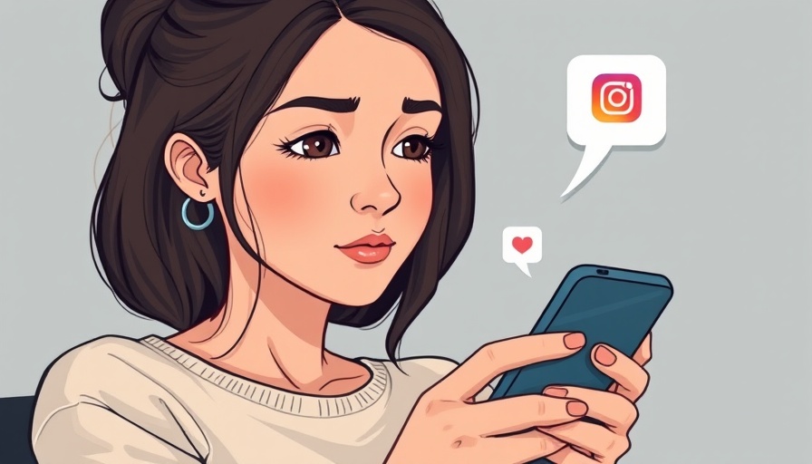 Young woman pondering, concerned with Instagram notifications, cartoon style.