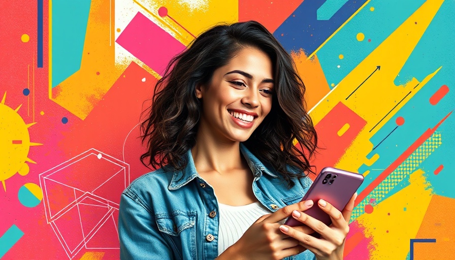 Cheerful woman using smartphone with vibrant abstract design, Conversion-Centered Landing Page Design.