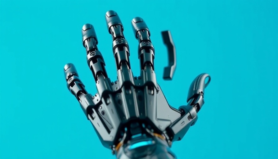 Futuristic robotic hand with synthetic muscles on cyan background.