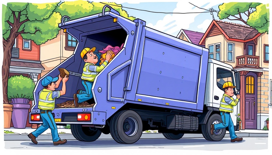 Cartoon sanitation workers loading a garbage truck in a neighborhood.