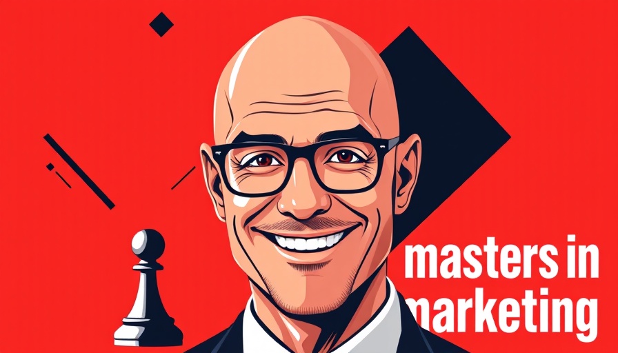 Stylized marketing-themed portrait with graphic elements on a red background.