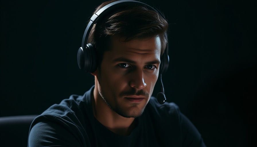 Focused man with headphones, dimly lit podcast studio.