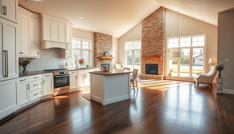 Spacious open floor plan with kitchen and living area, showcasing ideas to create privacy in an open layout.