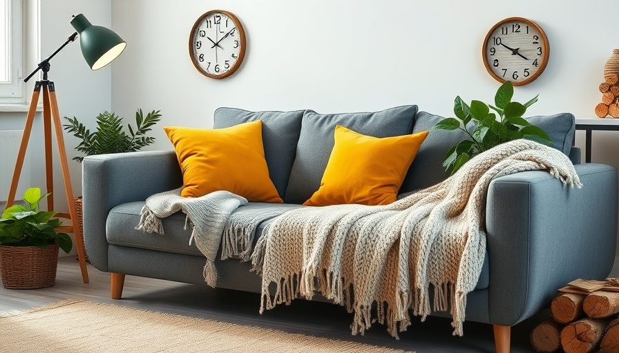 Hygge style home decor with cozy grey sofa and yellow pillow.