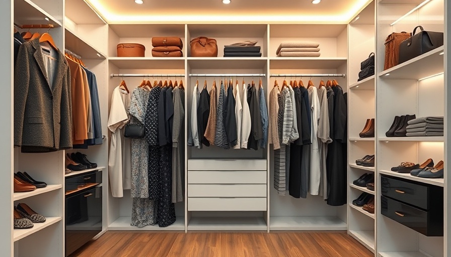 Standard closet sizes shown with organized clothes and shelving in modern style.