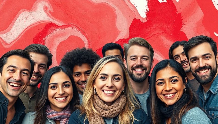 Diverse group of marketing leaders smiling in abstract background.