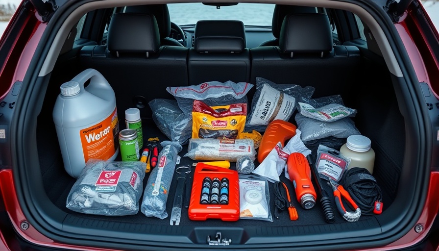 Essential winter car emergency kit items neatly arranged in trunk.