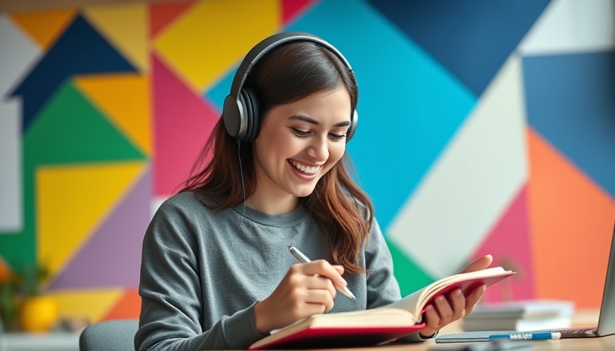 Young woman taking notes with headphones in vibrant setting.