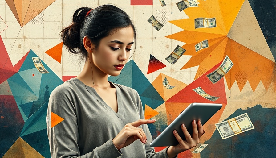 Woman calculating budget with floating money and abstract shapes.