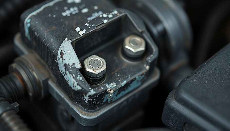 Corroded car battery terminal with white and blue buildup, macro view