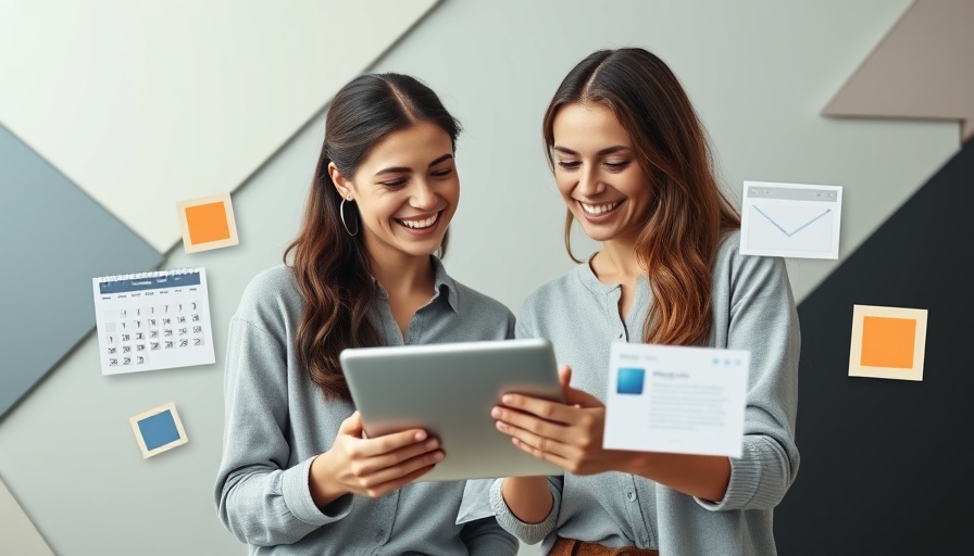 Two women using a tablet for content planning with calendar and keyboard.