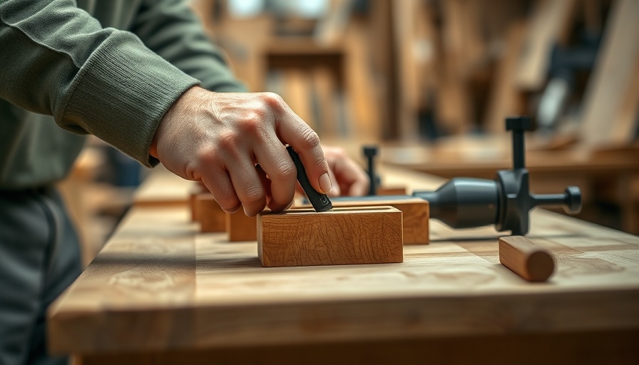 Close-up of hands adjusting woodworking jigs on a workbench.