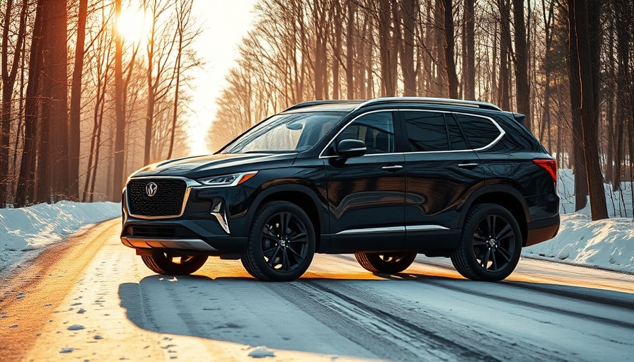 SUV with a Ford Car Recalls message on snowy road surrounded by trees.