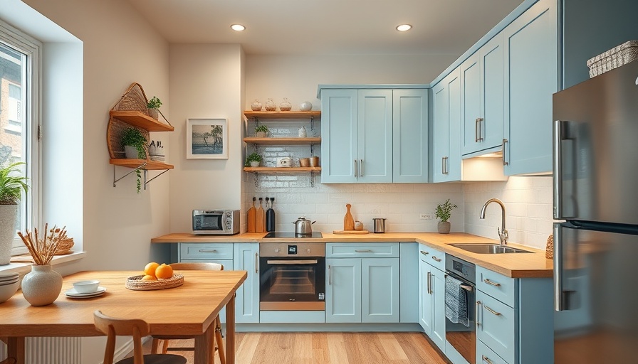 Modern small kitchen with light blue cabinets and efficient layout.