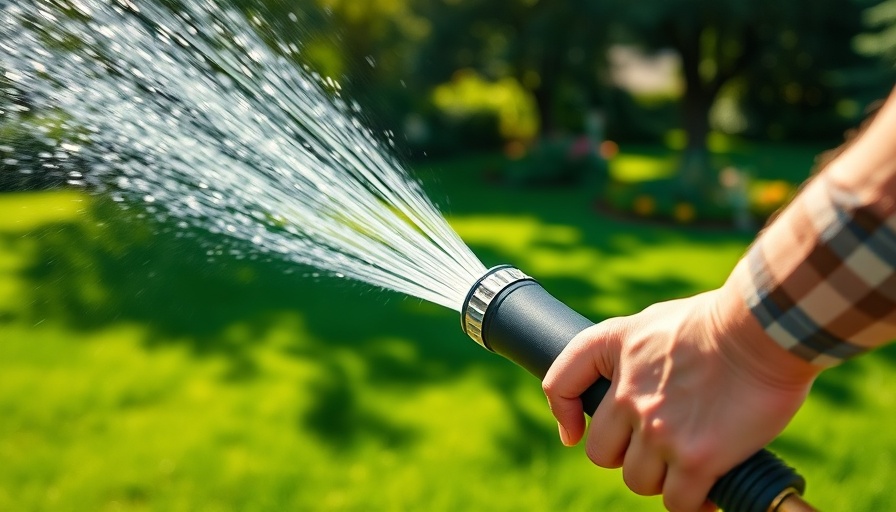 Hand watering lawn with hose in tree-filled yard, sunny day