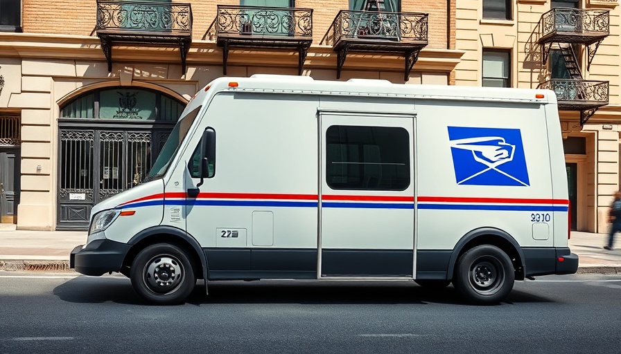 Modern mail truck design parked on city street, historical background.