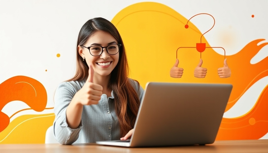 Smiling woman with laptop, thumbs up, and flowchart in a modern graphic design.