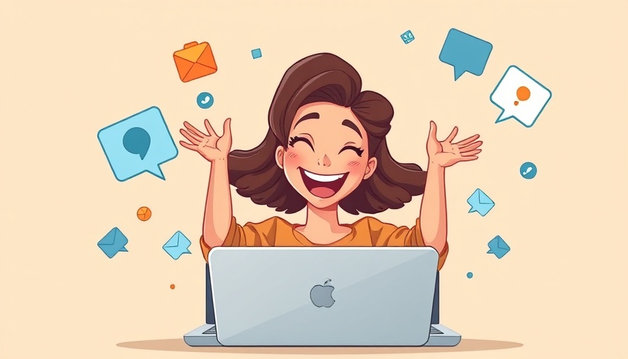 Cheerful woman with notifications emerging from laptop screen