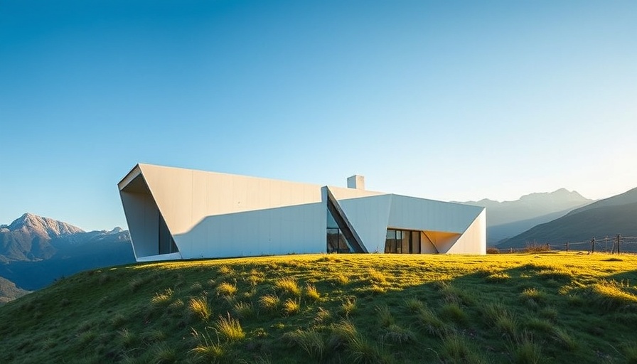 Modern geometric house on grassy hill with mountain backdrop.
