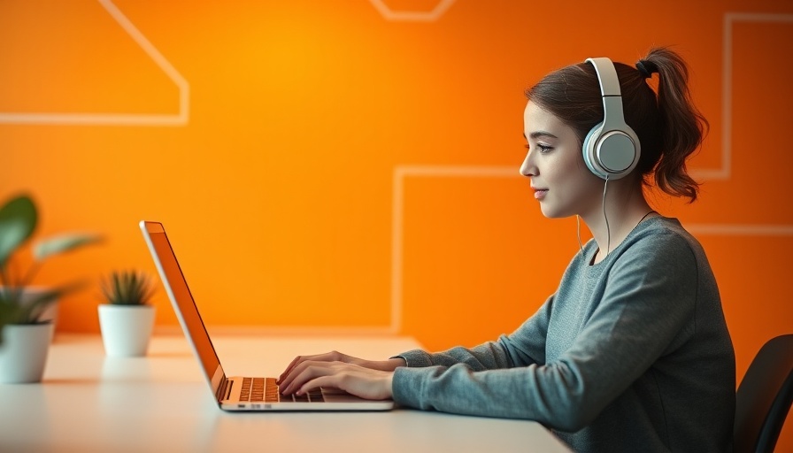 Young woman reading digital marketing ebooks on laptop at trendy desk.