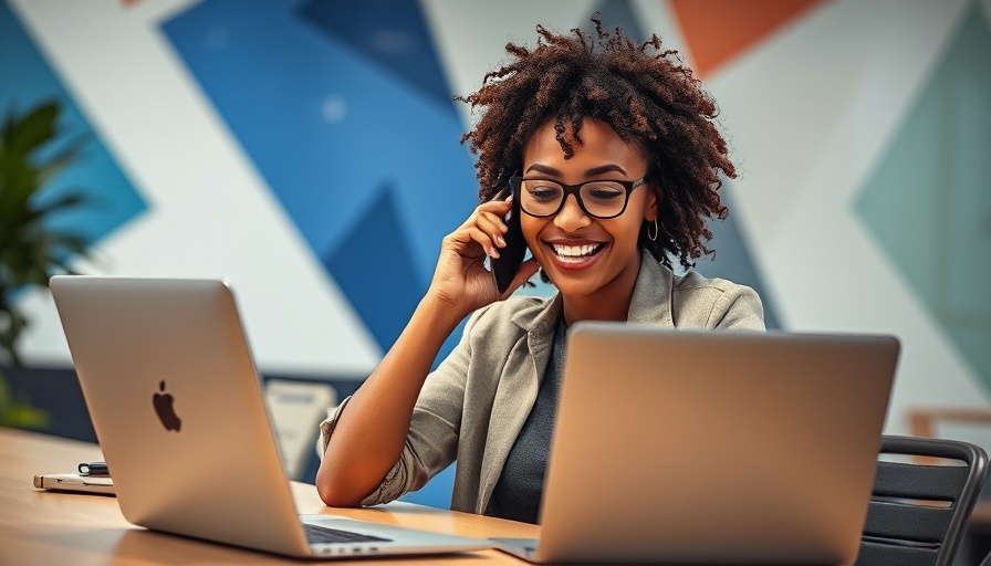 Stop Measuring Vanity Metrics in Marketing Campaigns: Woman multitasking on phone and laptop in modern abstract office.