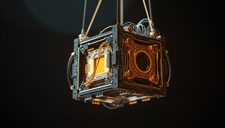 Quantum computer component with delicate wiring and gold elements.