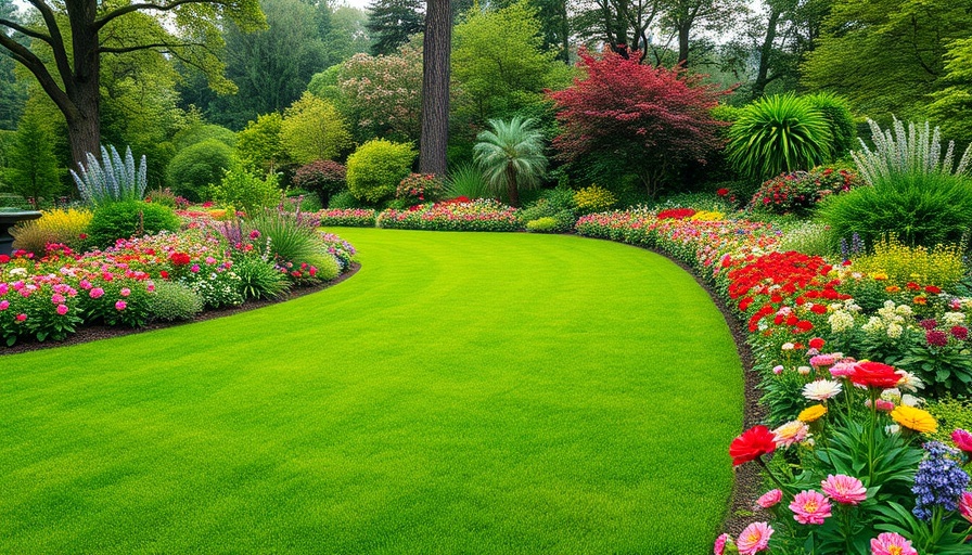 Vibrant lawn with colorful flowerbeds, lawn care tips.