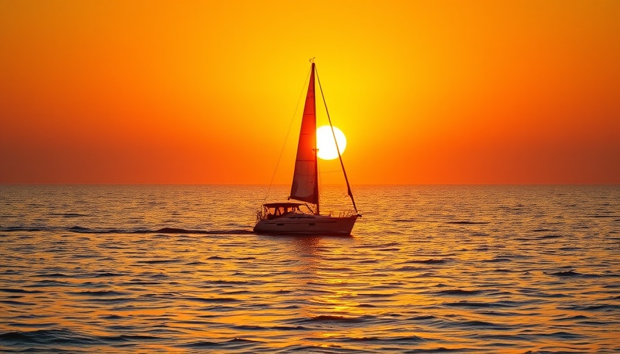 Golden sunset over a tranquil sailboat in Southern Europe waters.