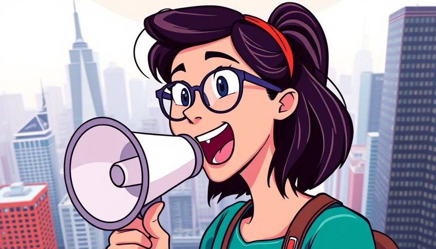 Young woman using megaphone promoting free advertising tips, cartoon style.